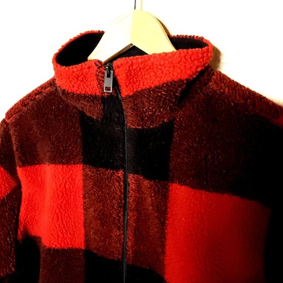 Express Womens Black Red Buffalo Check Fleece Full Zip Jacket Large - Picture 4 of 6